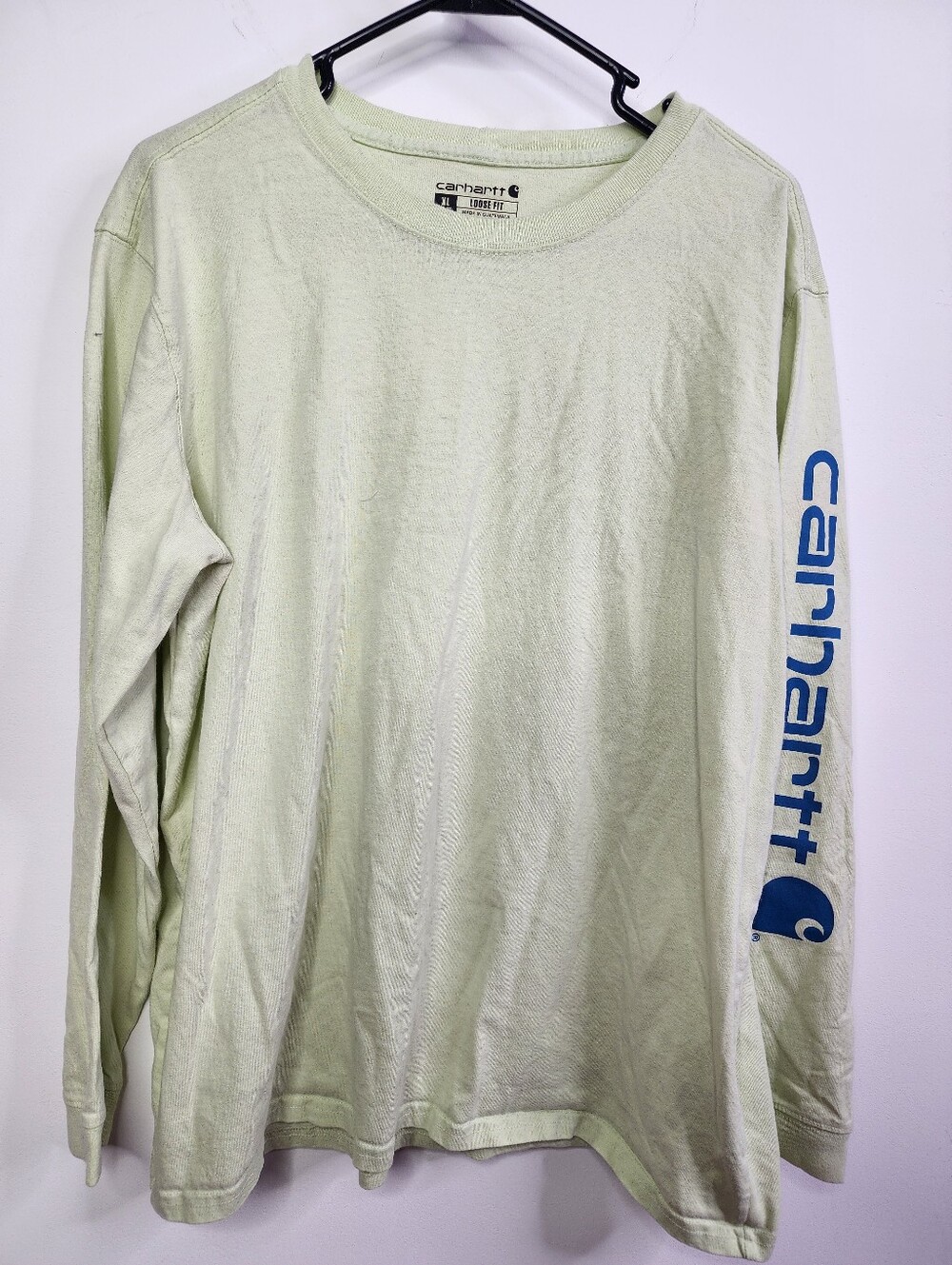 Loose Fit Long-Sleeve Shirt in Pale Green with Blue Sleeve Logo, XL